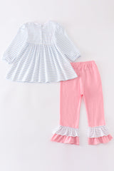 Blue stripe valentine heart embroidery girl set