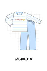 Blue stripe valentine heart embroidery boy set