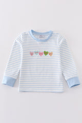 Blue stripe valentine heart embroidery boy top