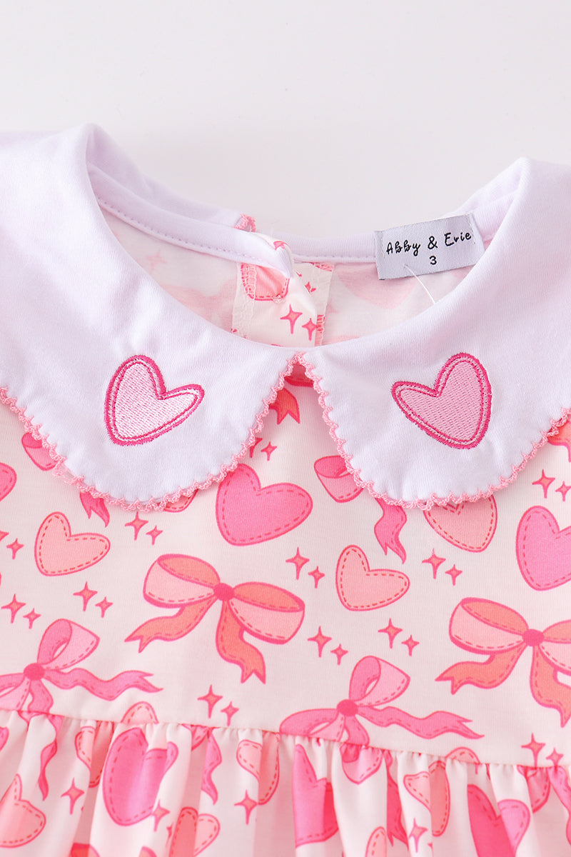 Pink valentine heart bow embroidery girl set