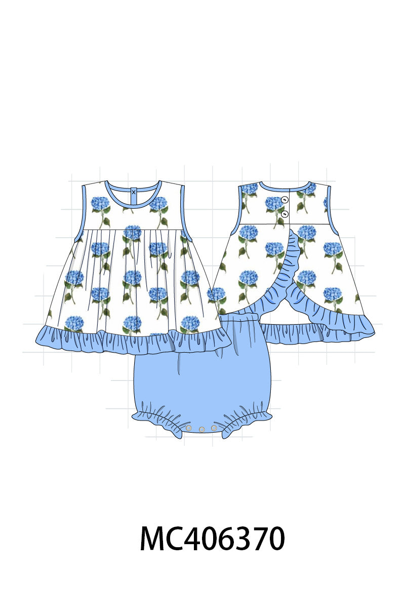 Blue hydrangea print girl bloomer set