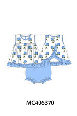 Blue hydrangea print girl bloomer set