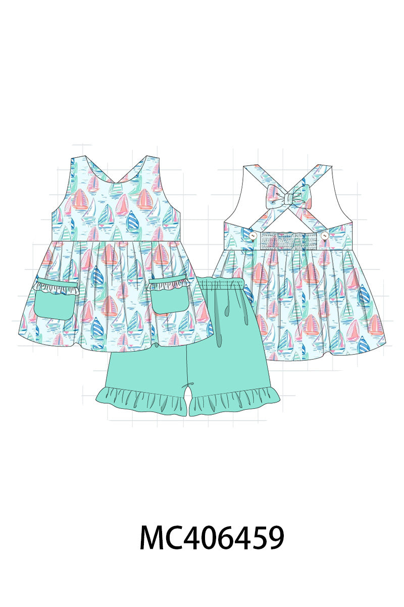 Green sailboat print ruffle girl set