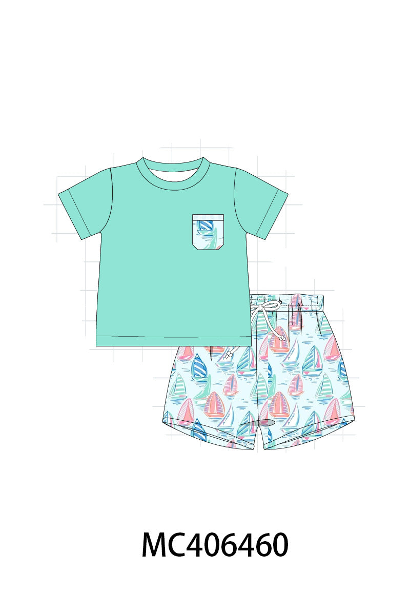 Green sailboat print boy set