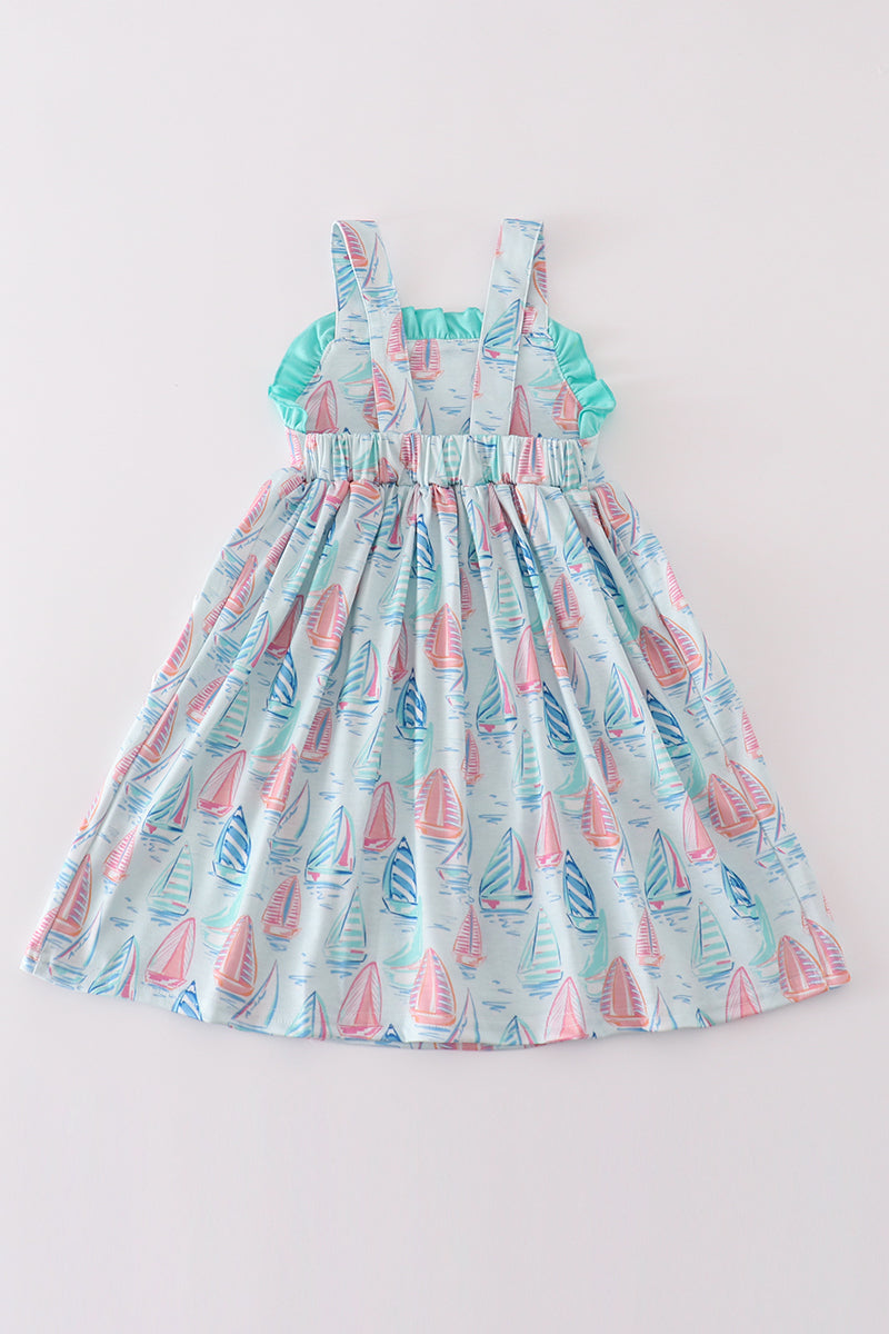 Green sailboat print girl dress