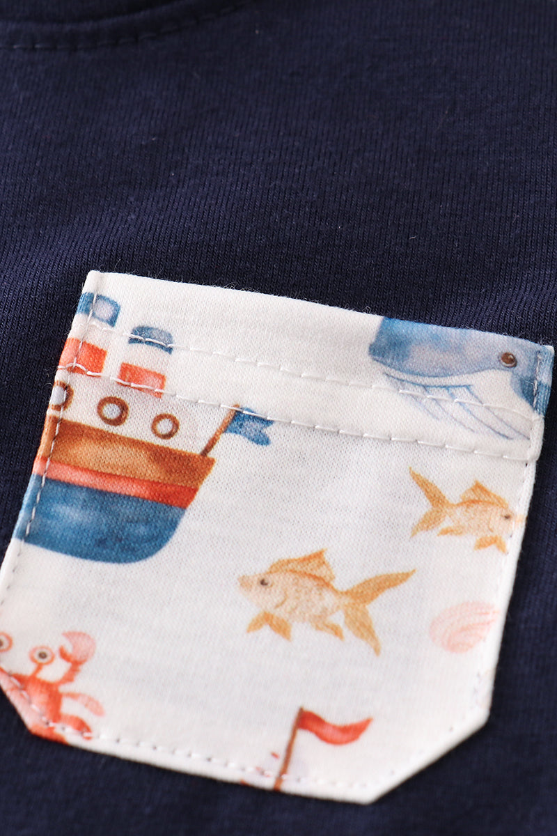 Navy beach print boy bloomer set