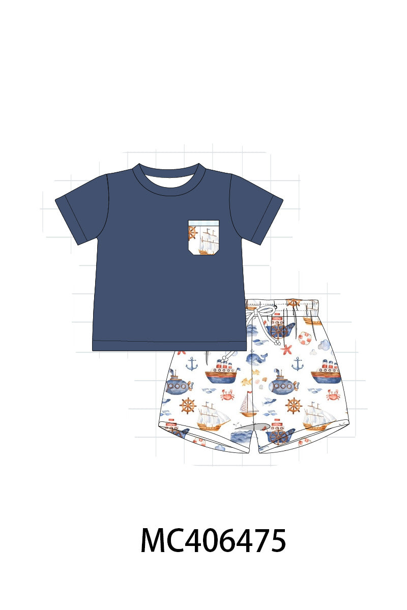 Navy beach print boy set