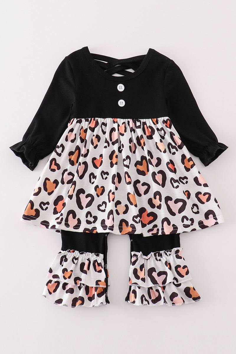 Black leopard heart girl romper