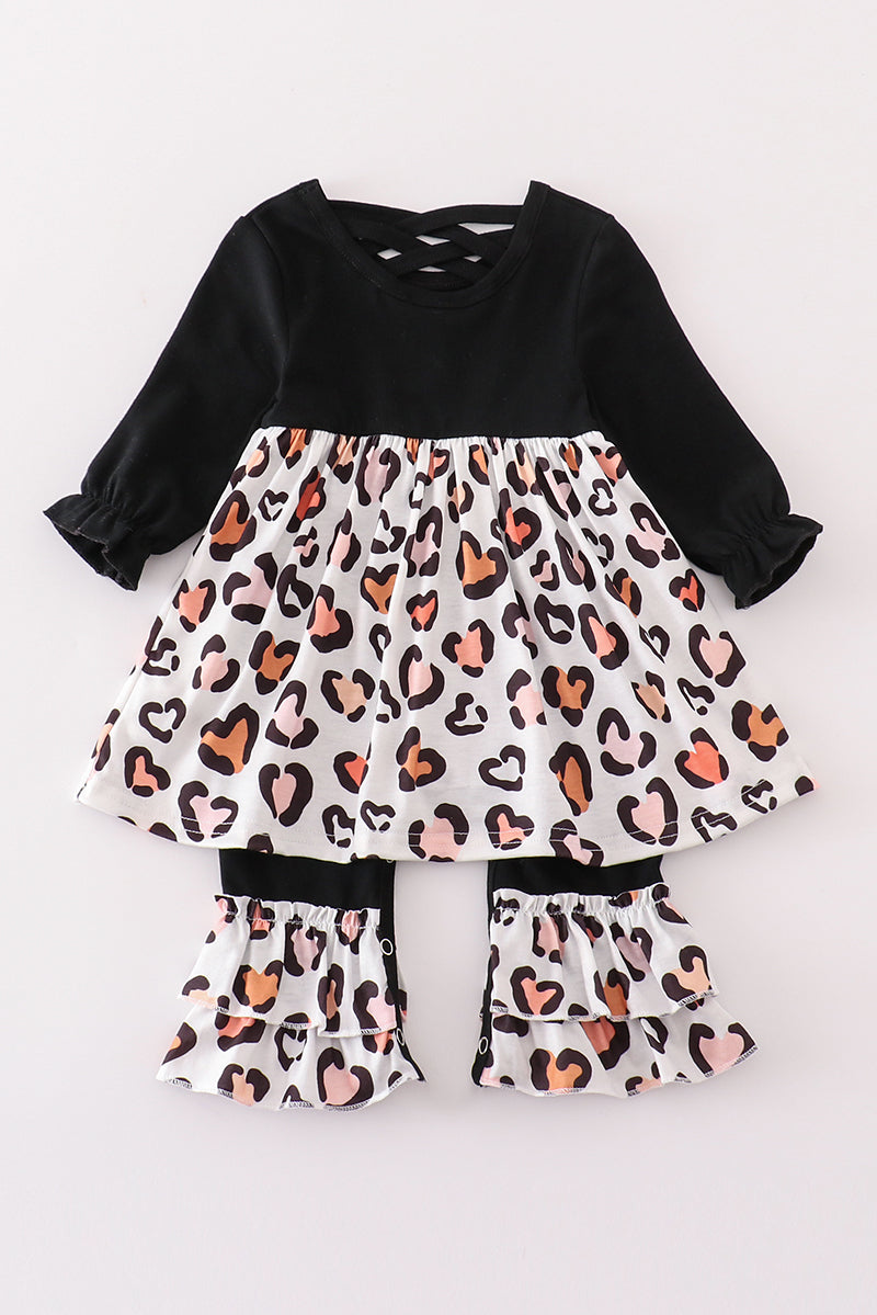 Black leopard heart girl romper