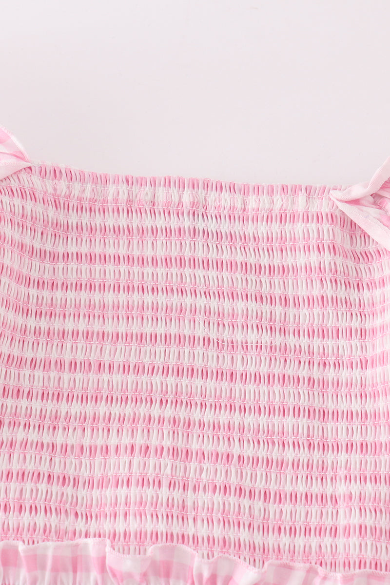 Pink gingham smocked women dress