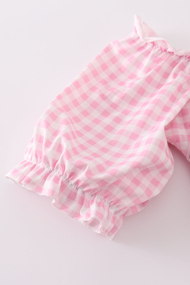 Pink gingham smocked women dress