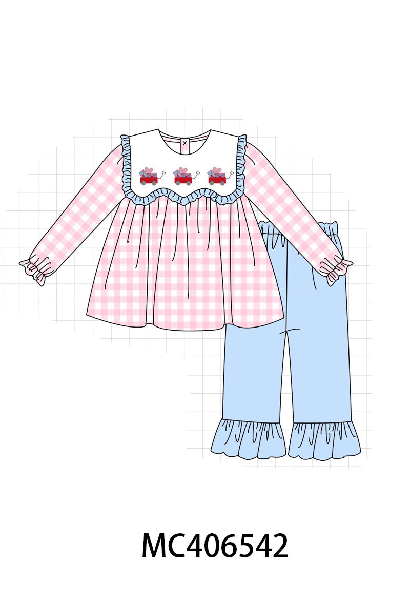 Valentine's day heart envelope embroidery plaid girl set