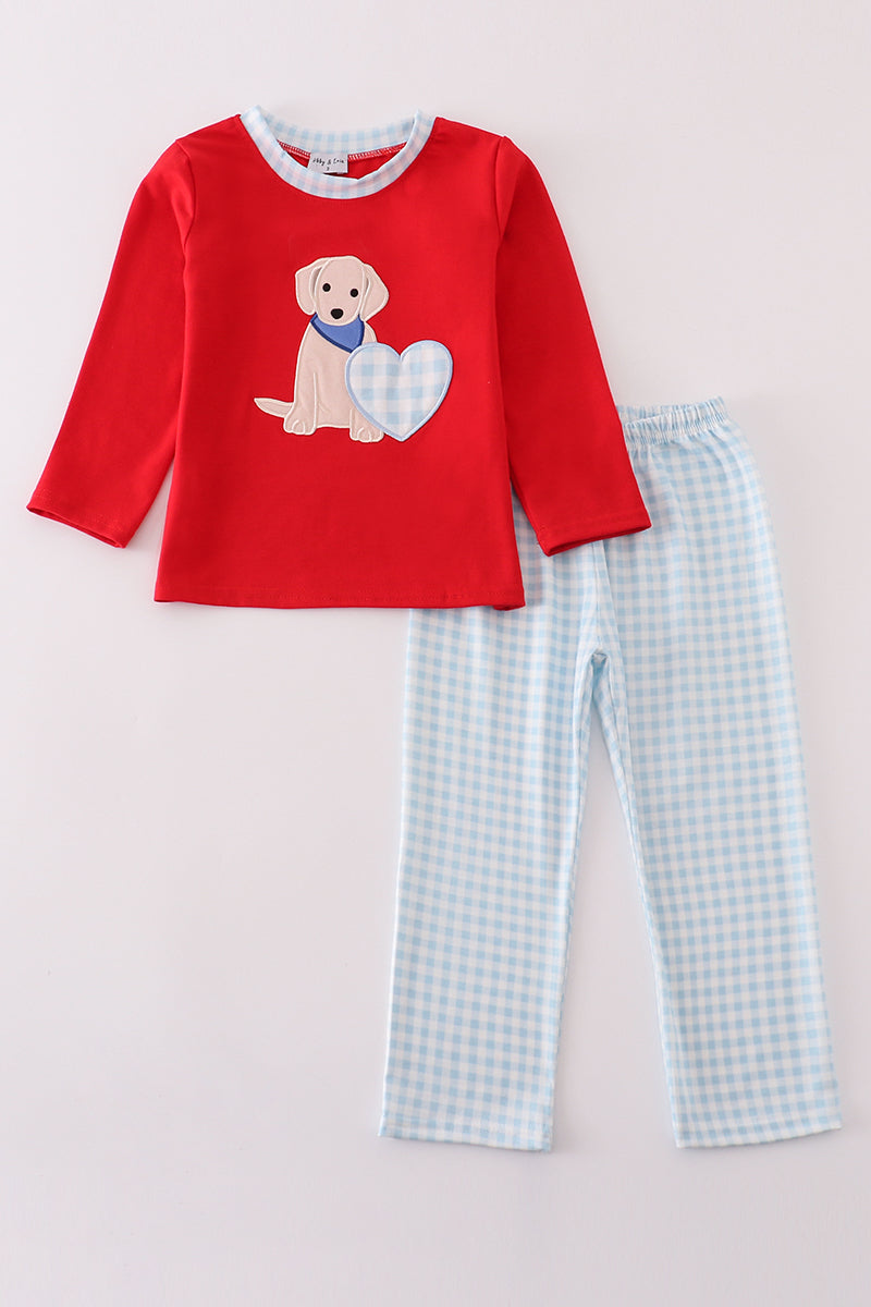 Red puppy heart applique boy set