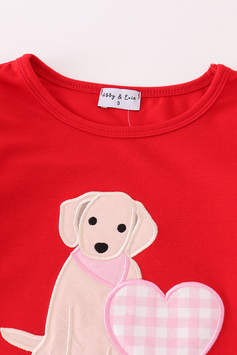 Red puppy heart applique girl set