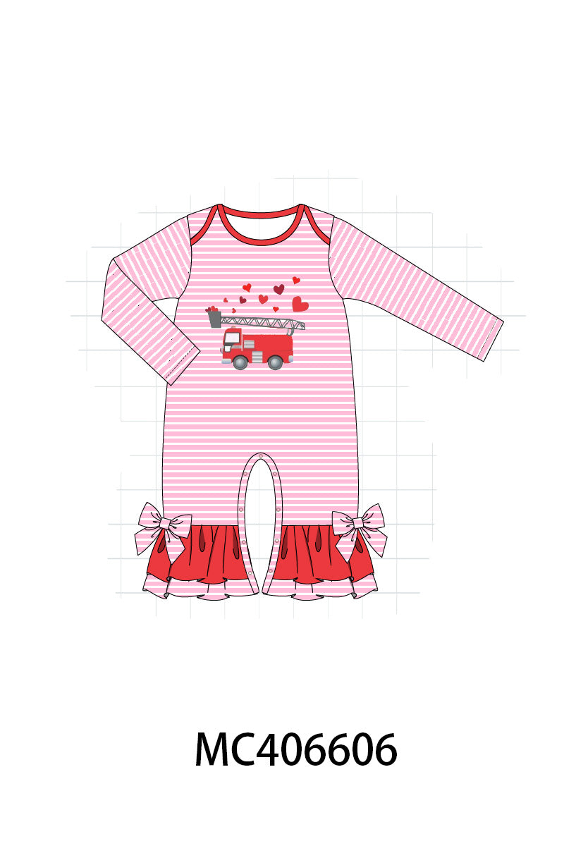 Valentine's day fire truck applique girl romper