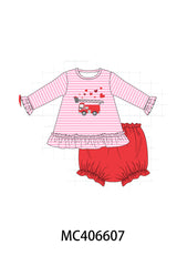 Valentine's day fire truck applique girl bloomer set