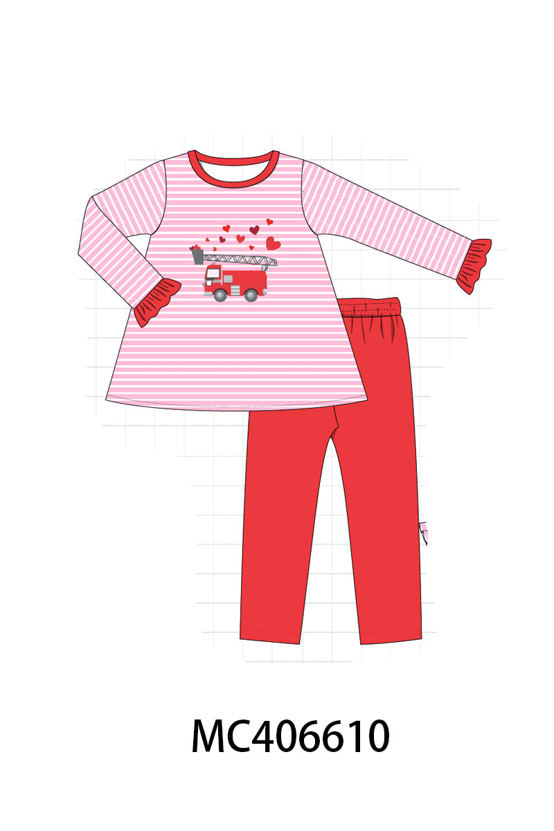 Valentine's day fire truck applique girl set