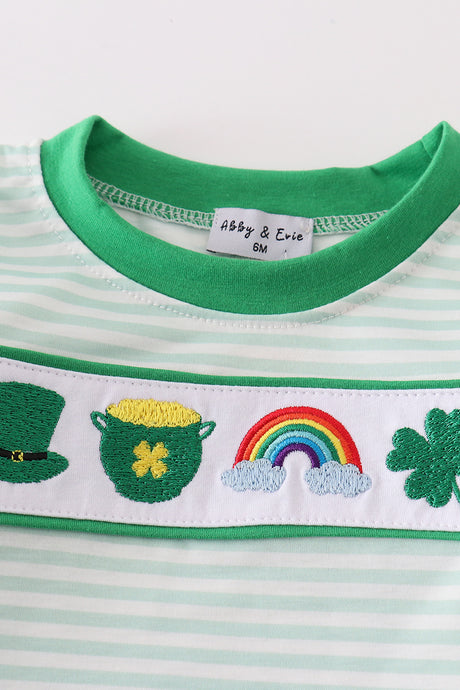 Green lucky clover embroidery boy bloomer set