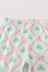 Pink green bow clover embroidery girl set