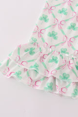 Pink green bow clover embroidery girl set