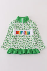 Green lucky charm french knot clover girl pullover