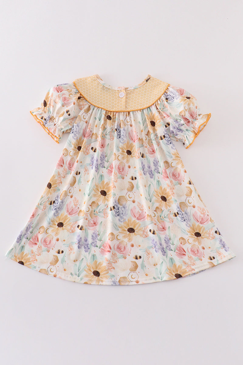 Yellow bee embroidery girl dress