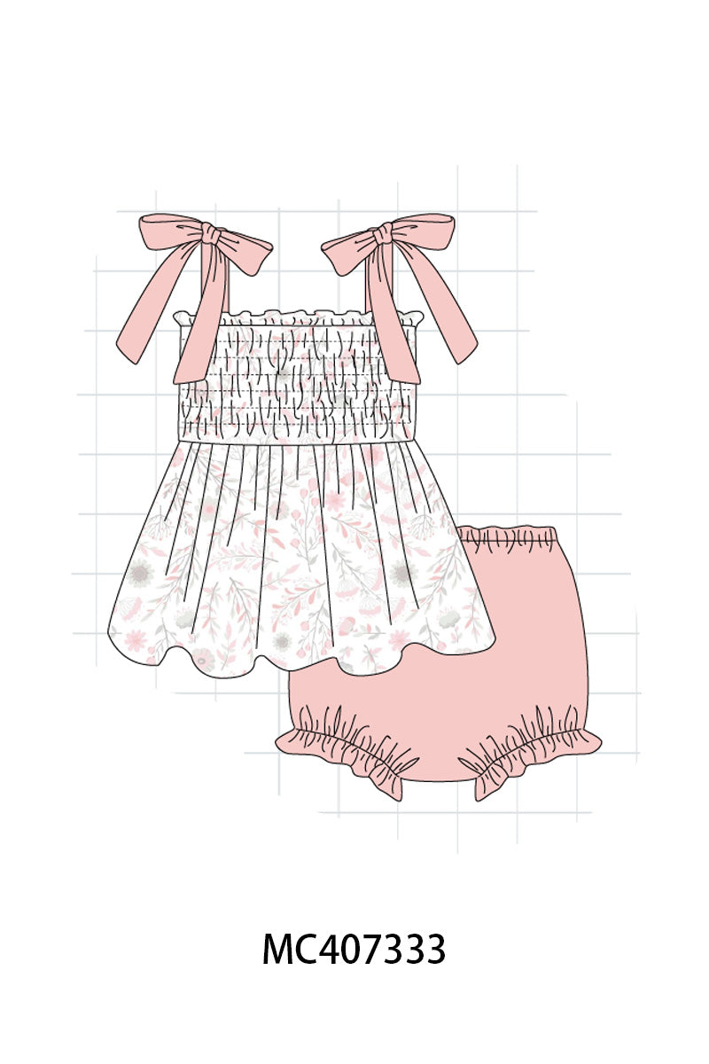 Pink Blush Meadow smocked girl bloomer set