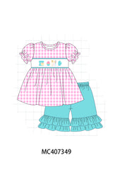 Pink let's baking embroidery girl gingham set