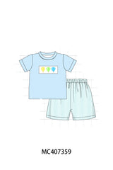 Blue hot air balloon embroidery boy set