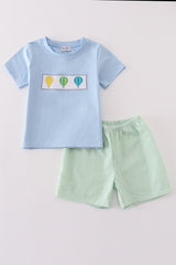 Blue hot air balloon embroidery boy set