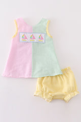 Seersucker sailboat embroidery girl bloomer set