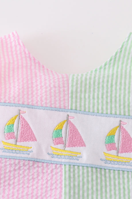 Seersucker sailboat embroidery girl bloomer set