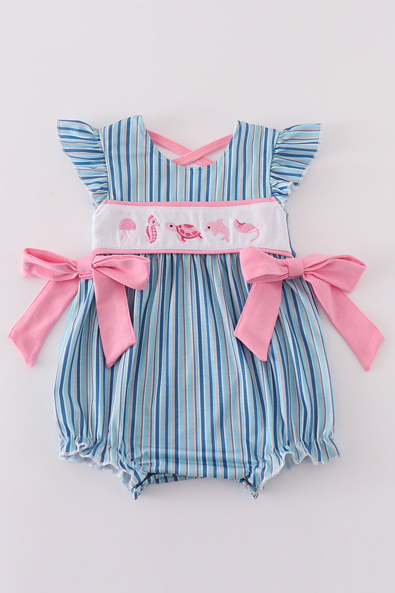 Blue stripe marine creature embroidery girl bubble