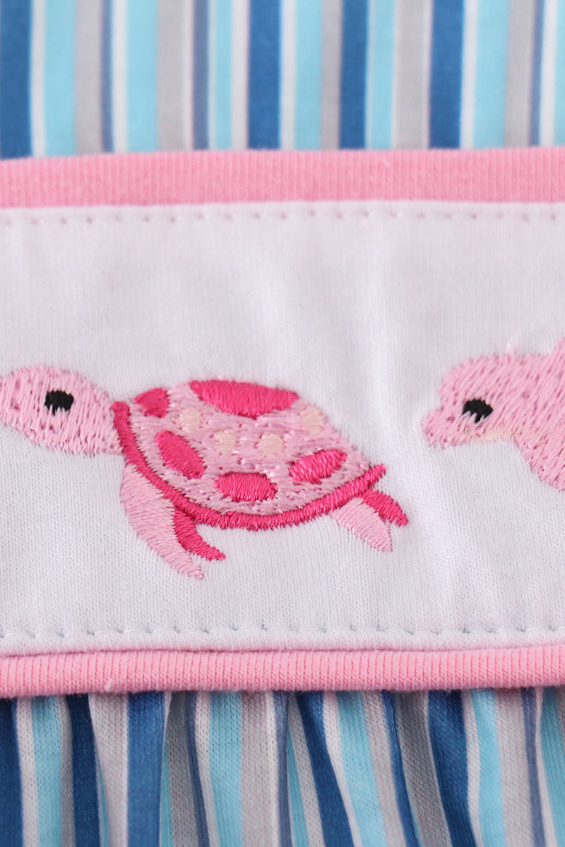 Blue stripe marine creature embroidery girl bubble