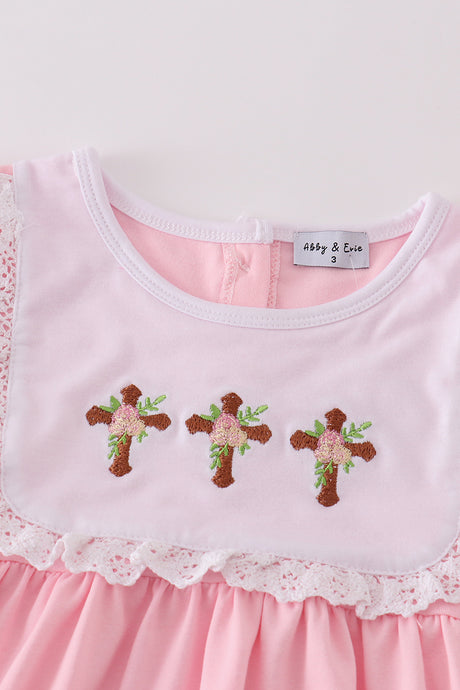 Pink easter cross embroidery girl set