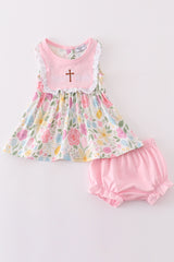 Pink easter cross he is risen embroidery girl bloomer set