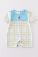 Yellow plaid he is risen embroidery boy romper