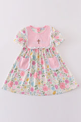 Pink floral he is risen cross embroidery dress