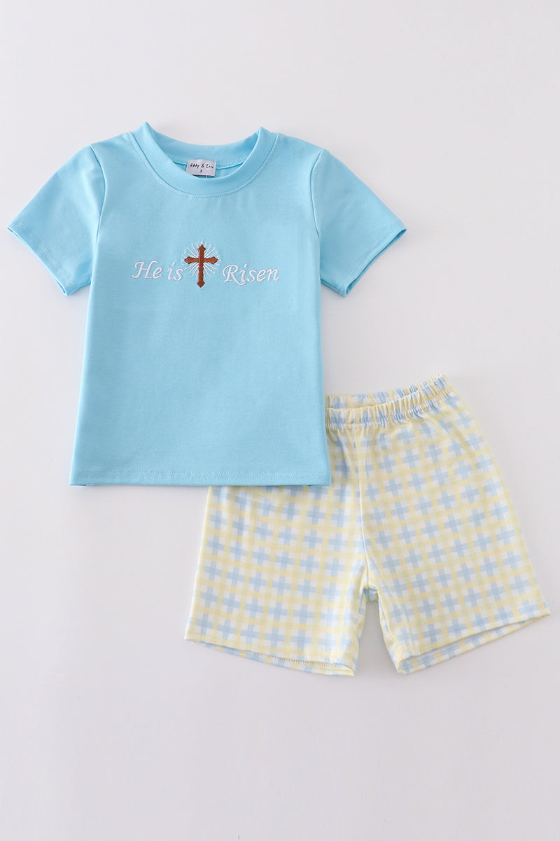 Blue he is risen cross embroidery boy set