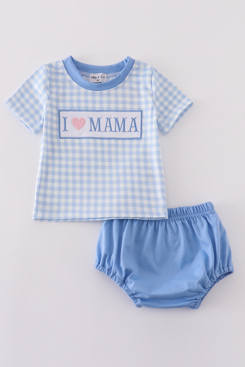 Blue I love mama embroidery boy bloomer set