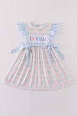 Blue I love mama embroidery girl dress