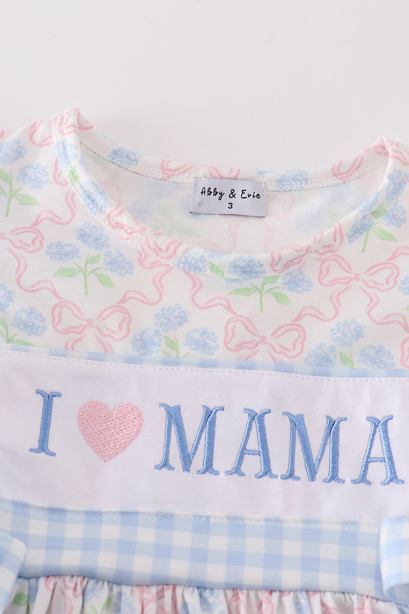 Blue I love mama embroidery girl dress