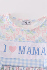 Blue I love mama embroidery girl dress