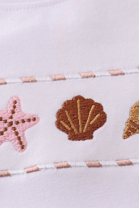 Brown seersucker starfish shell embroidery boy set