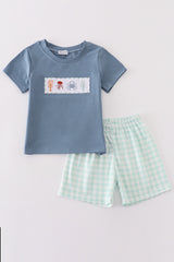 Blue marine creature embroidery boy set