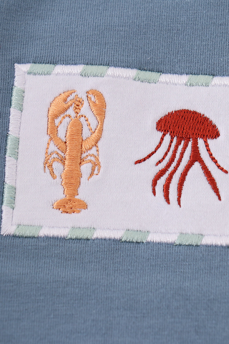 Blue marine creature embroidery boy set