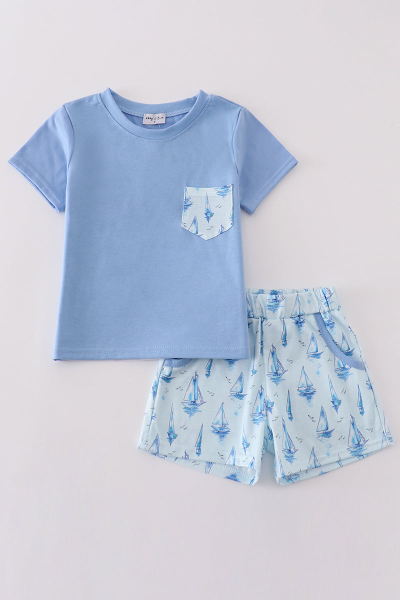 Blue sailboat print boy set