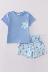 Blue sailboat print boy set