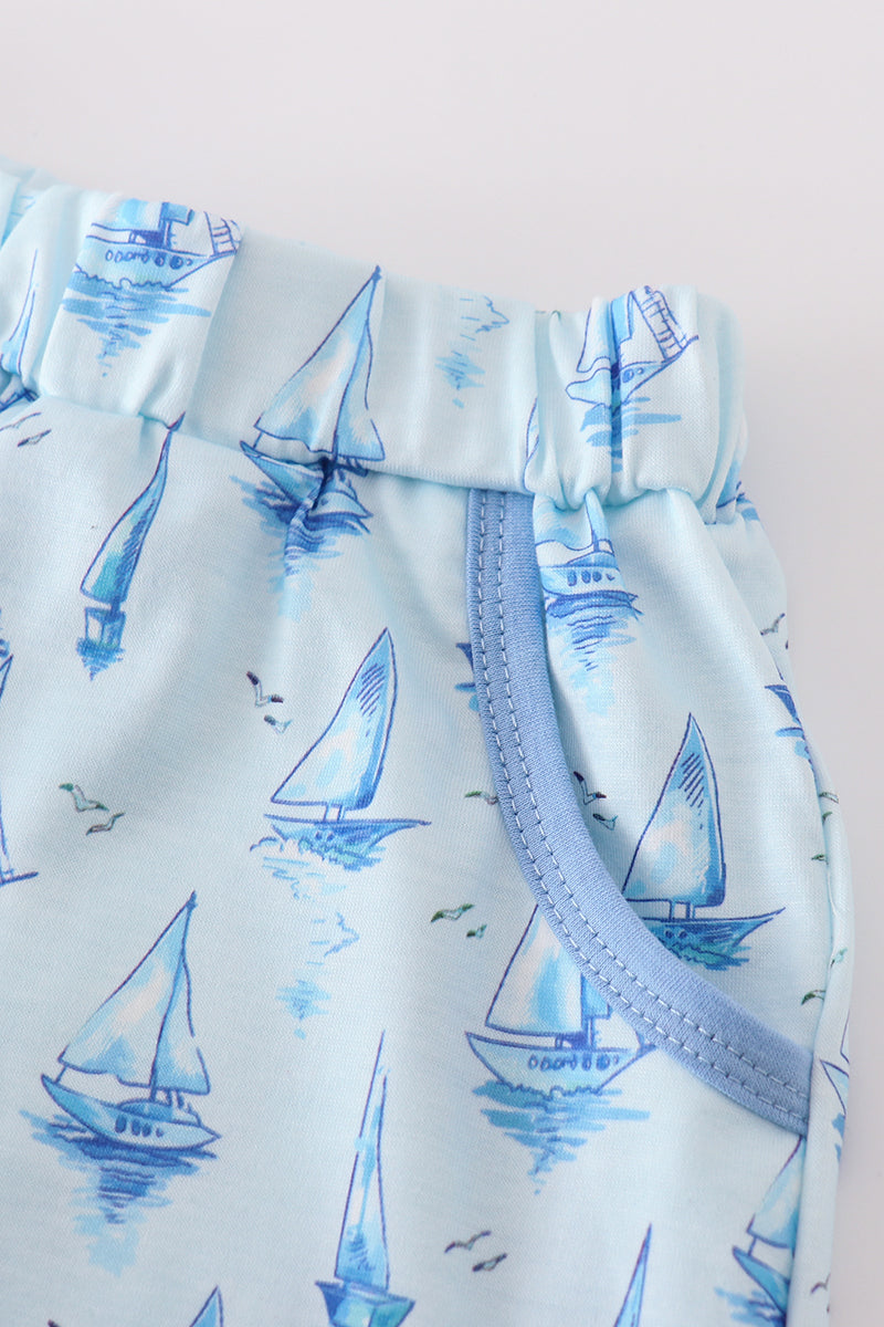 Blue sailboat print boy set