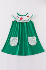 Green farm embroidery smocked girl dress